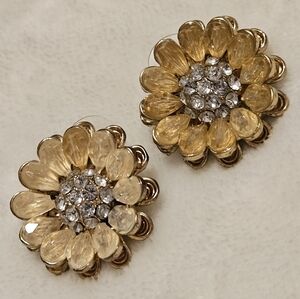 Sunflower Earrings Rhinestone Center Champagne Petals Goldtone setting